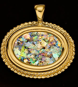 14K Gold Oval Pendant set with genuine Roman Glass